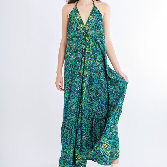 Silk Halter Maxi Dress Green Blue Floral Tropical Print - Picture 1 of 12